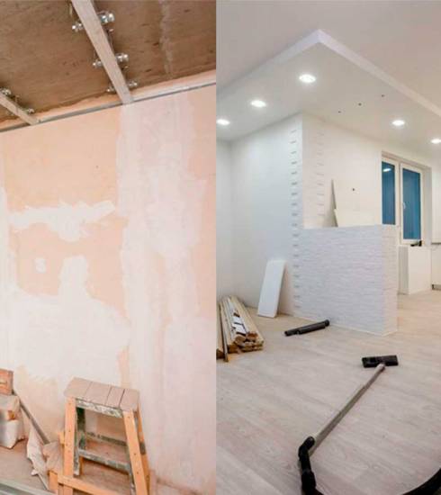 Construcción liviana en donde se ve antes y después con muebles en drywall